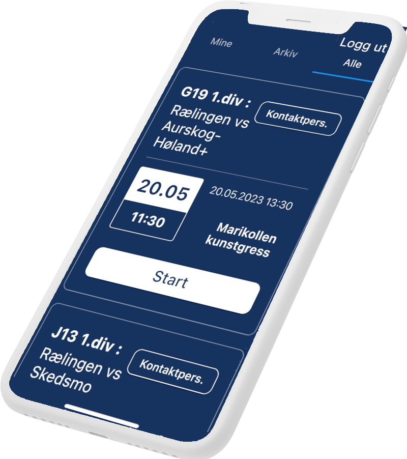 Kampdommer App Interface showing matches